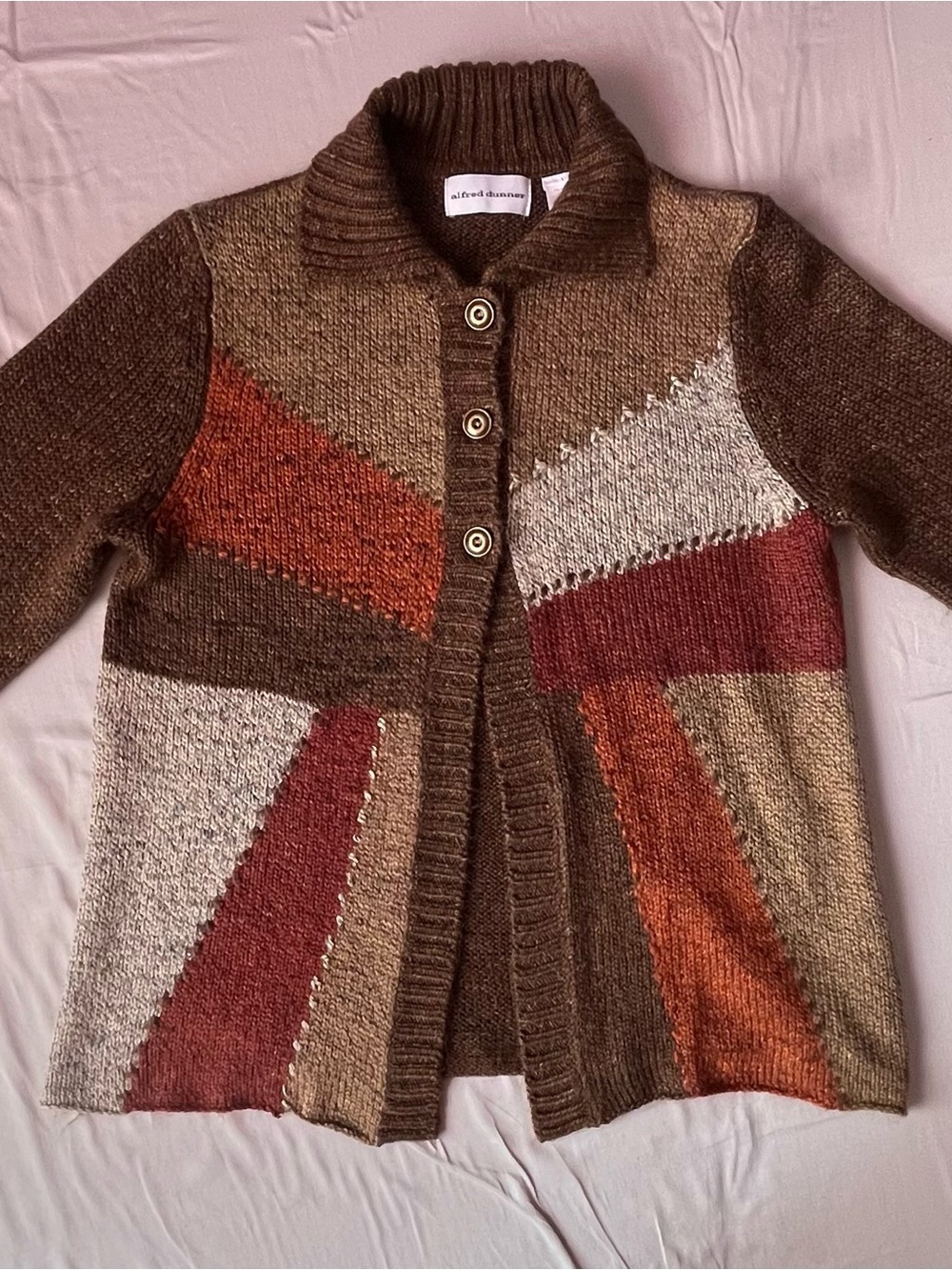 Alfred Dunner Brown Multi-Panel Button-Up Cardigan with Rust & Cream Accents
